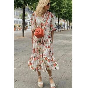 ZARA Womens Maxi Dress S Floral Long Sleeve Tiered Button Front Boho Cottagecore
